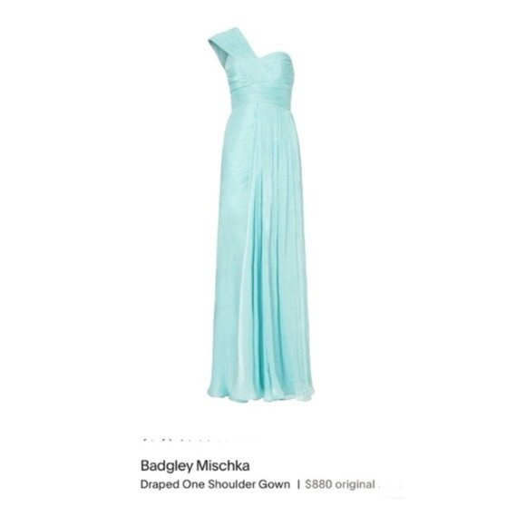 Badgley Mischka One-Shoulder Draped Shimmer Pleated Chiffon Evening Gown Size 12 - Picture 10 of 12